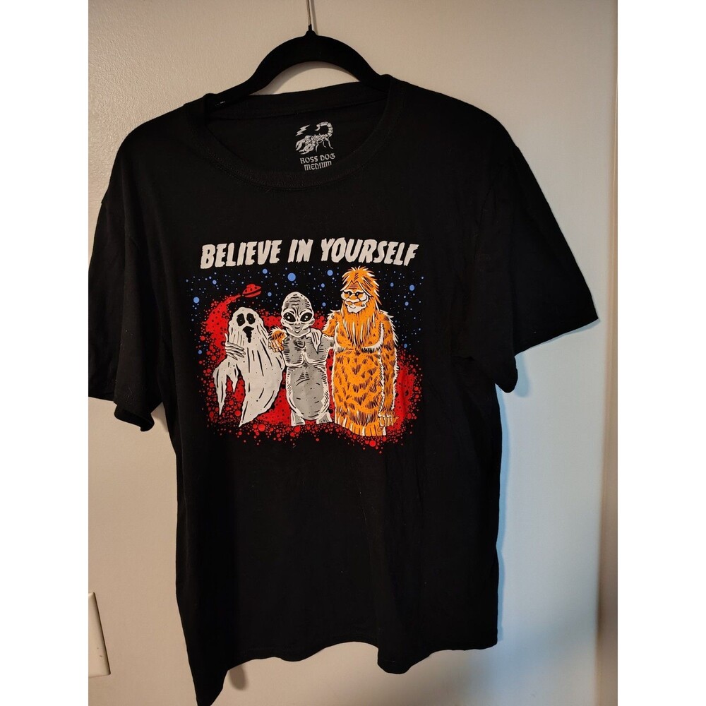 Believe In Yourself" Cryptid Graphic Tee  Bigfoot Alien Ghost - Black Medium-Men
